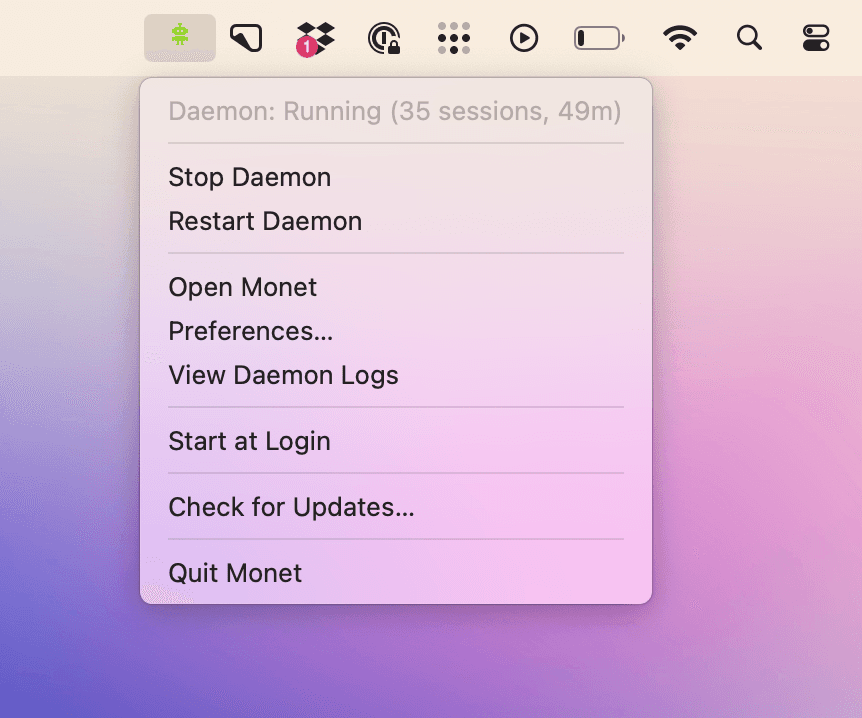 Monet daemon running in the macOS menu bar